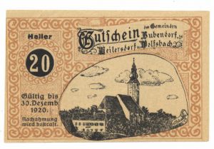 Австрия, 20 геллеров до 30 дек 1920, нотгельд, община Бубендорф, Вейлерсдорф и Вольфсбах (БД) ― Антикварно-нумизматический центр "Пава" | интернет-магазин