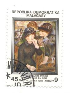 Марка, гашеная. Мадагаскар, 1985. Серия Импрессионисты. Ренуар. Молодая женщина в черном. ― Антикварно-нумизматический центр "Пава" | интернет-магазин