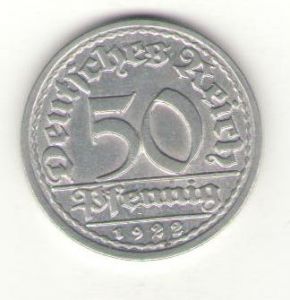 Германия,Веймарская республика, 50 пфеннигов 1922г."J", XF ― Антикварно-нумизматический центр "Пава" | интернет-магазин